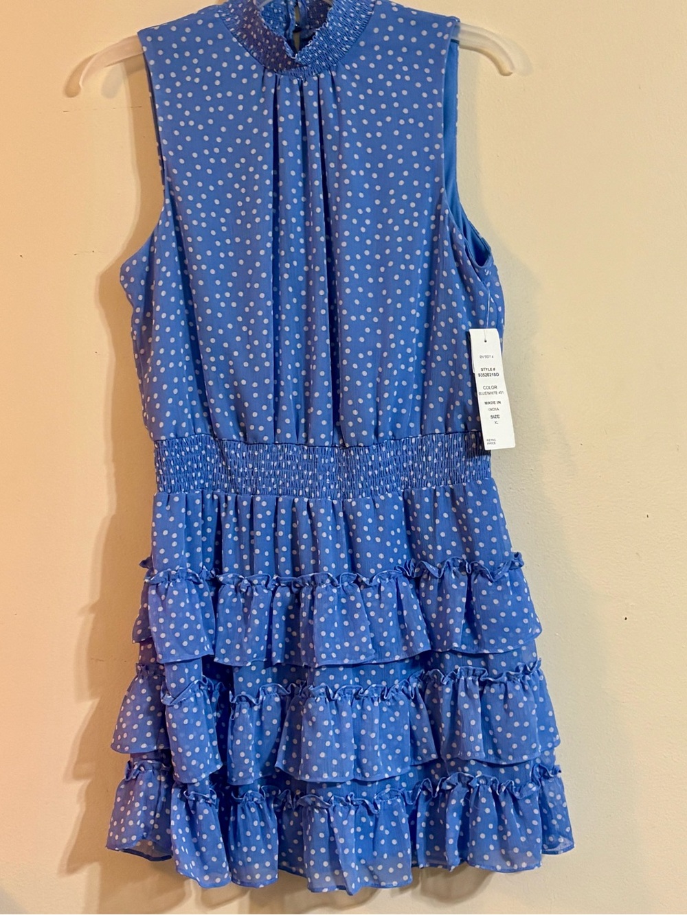 MSK Blue Polka Dot Smocked High neck Tiered Ruffle Dress